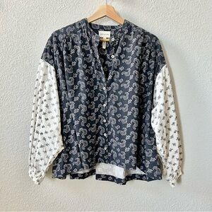 Laude the Label 100% Cotton Black Cream Paisley Print Blouse Size XS/S Oversized